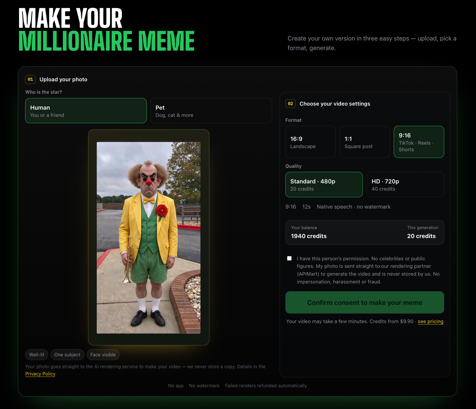 The ChatGPT Millionaire AI generator: photo upload card on the left and format and quality options on the right
